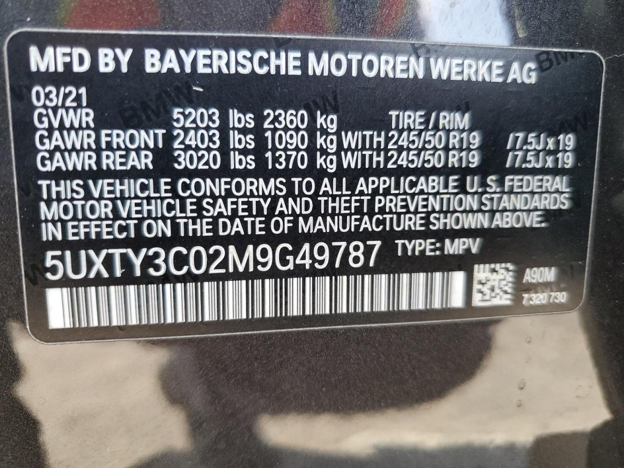 2021 BMW X3 VIN 5UXTY3C02M9G49787 Copart auction photo, front end / side damage thumbnail 14