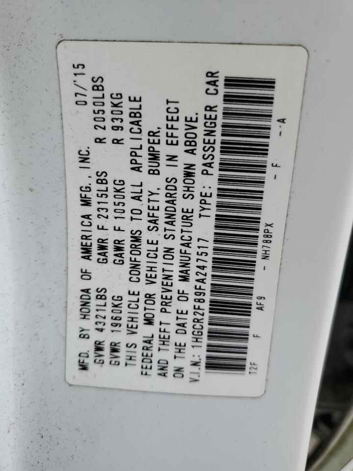 2015 Honda Accord VIN 1HGCR2F89FA247517 Copart auction photo, front end damage thumbnail 15