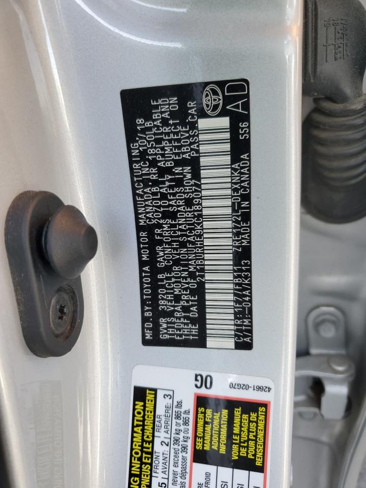 2019 Toyota Corolla VIN 2T1BURHE9KC189077 Copart auction photo, hail damage thumbnail 12