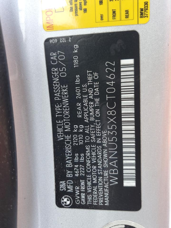 2008 BMW 5er VIN WBANU535X8CT04622 Copart auction photo, vandalism / mechanical damage thumbnail 12