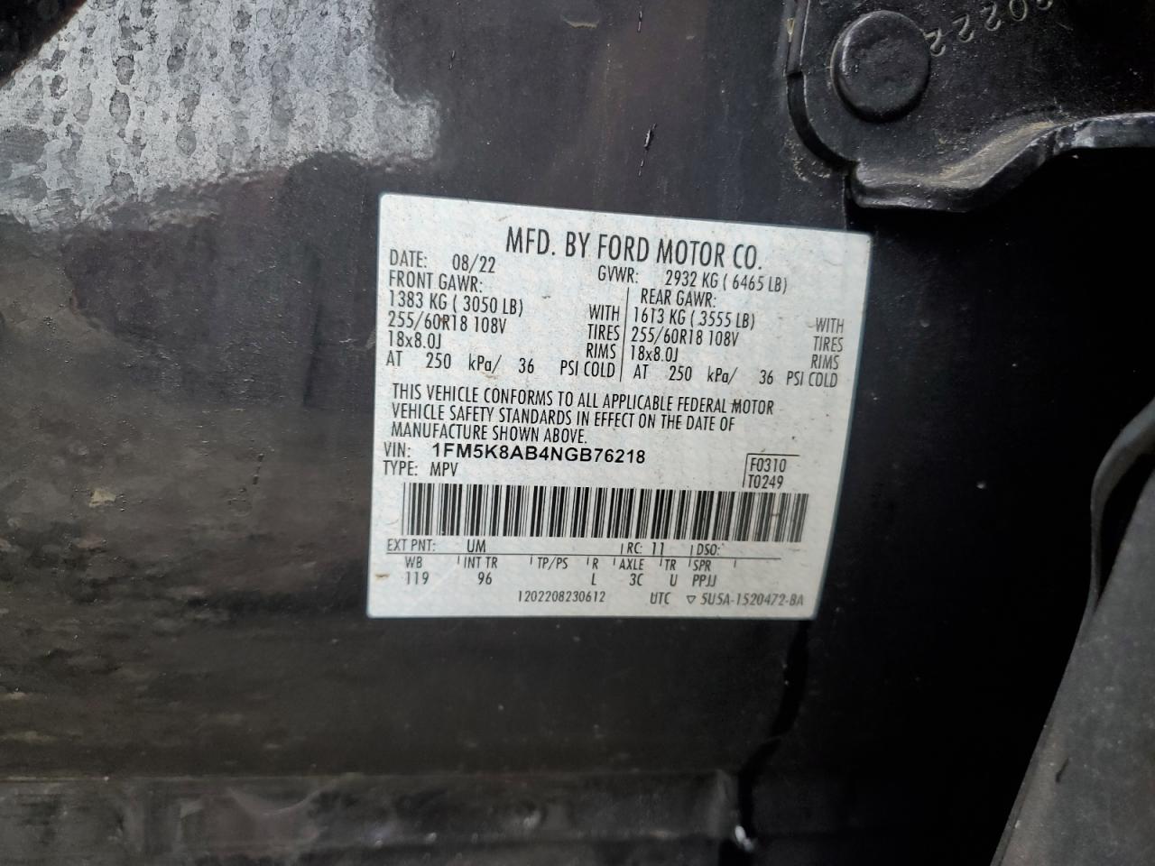2022 Ford Explorer VIN 1FM5K8AB4NGB76218 Copart auction photo, rear end / minor dent/scratches damage thumbnail 13