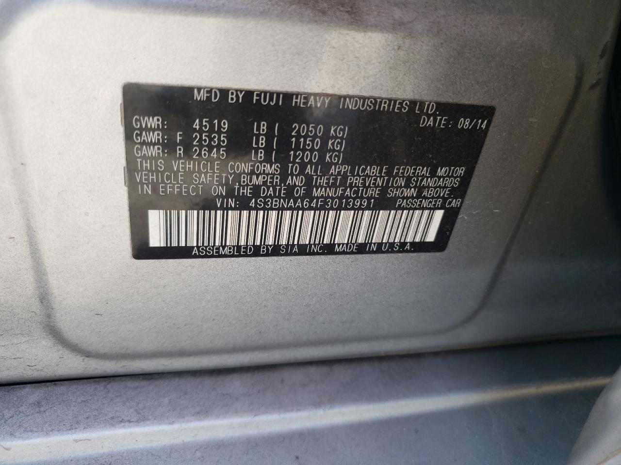2015 Subaru Legacy VIN 4S3BNAA64F3013991 Copart auction photo, front end damage thumbnail 12