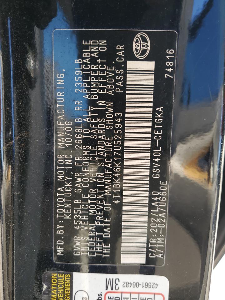 2007 Toyota Camry VIN 4T1BK46K17U525943 Copart auction photo, rear end damage thumbnail 13