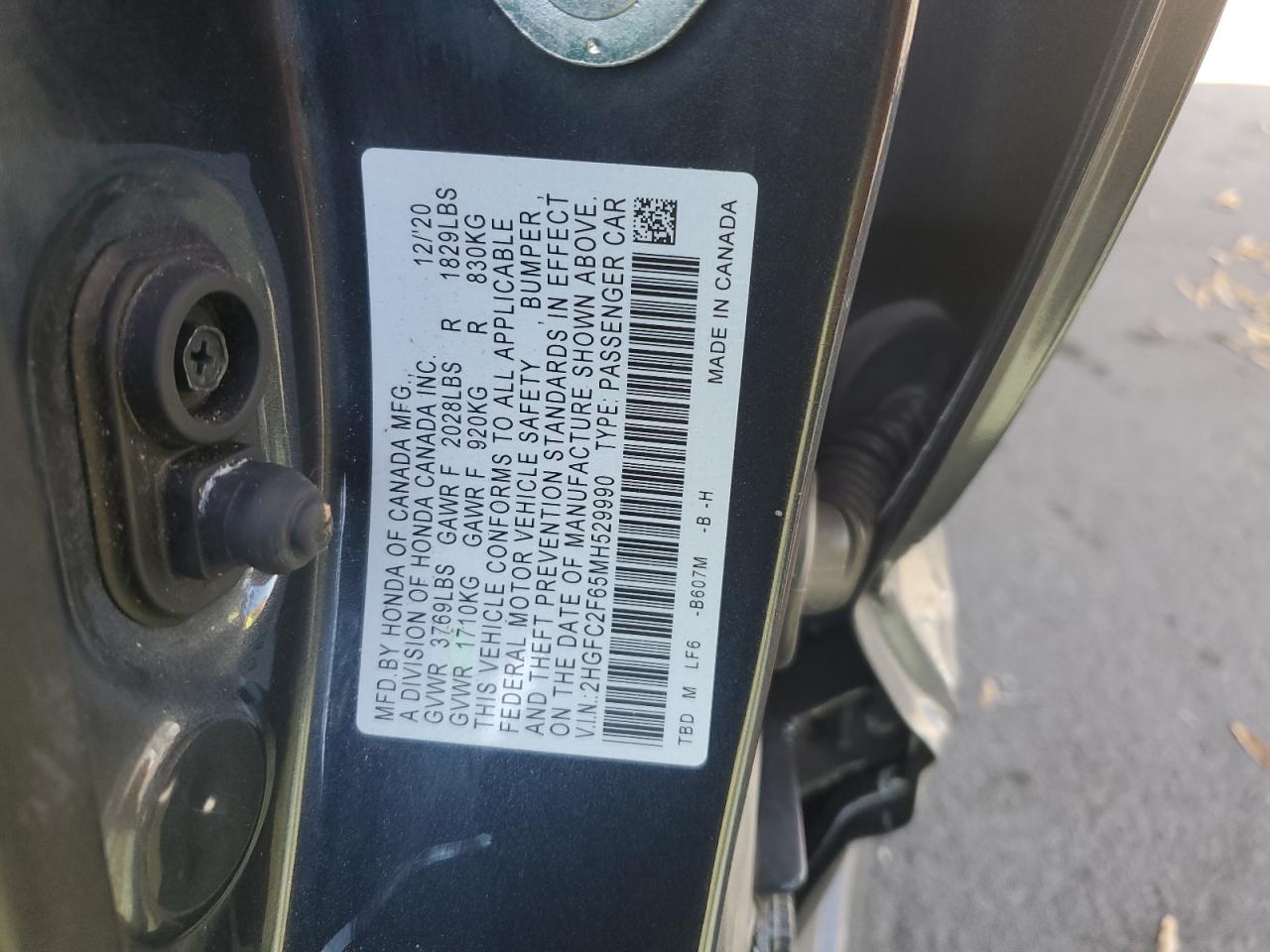 2021 Honda Civic VIN 2HGFC2F65MH529990 Copart auction photo, side damage thumbnail 12