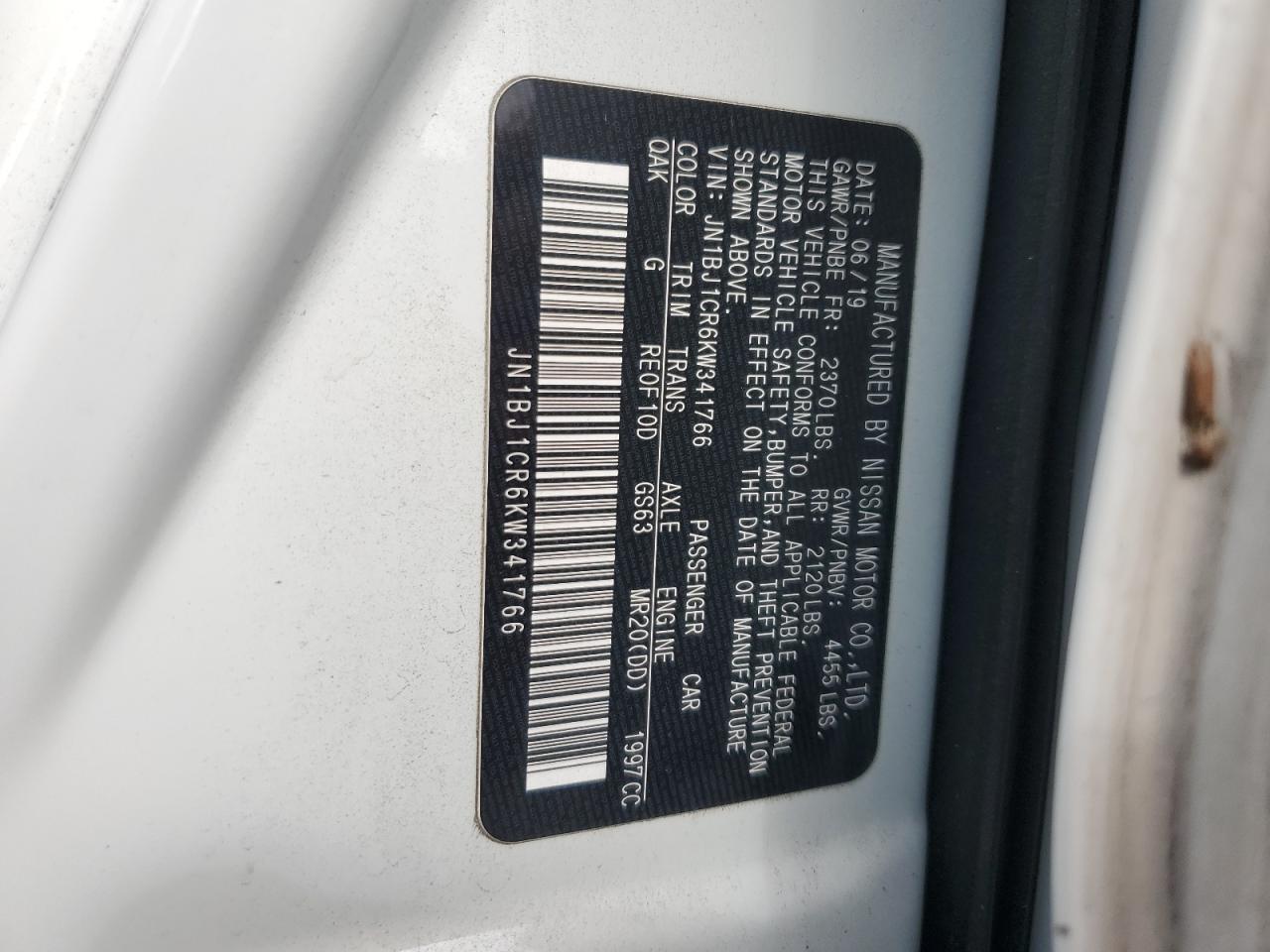 2019 Nissan Rogue VIN JN1BJ1CR6KW341766 Copart auction photo, side / mechanical damage thumbnail 13