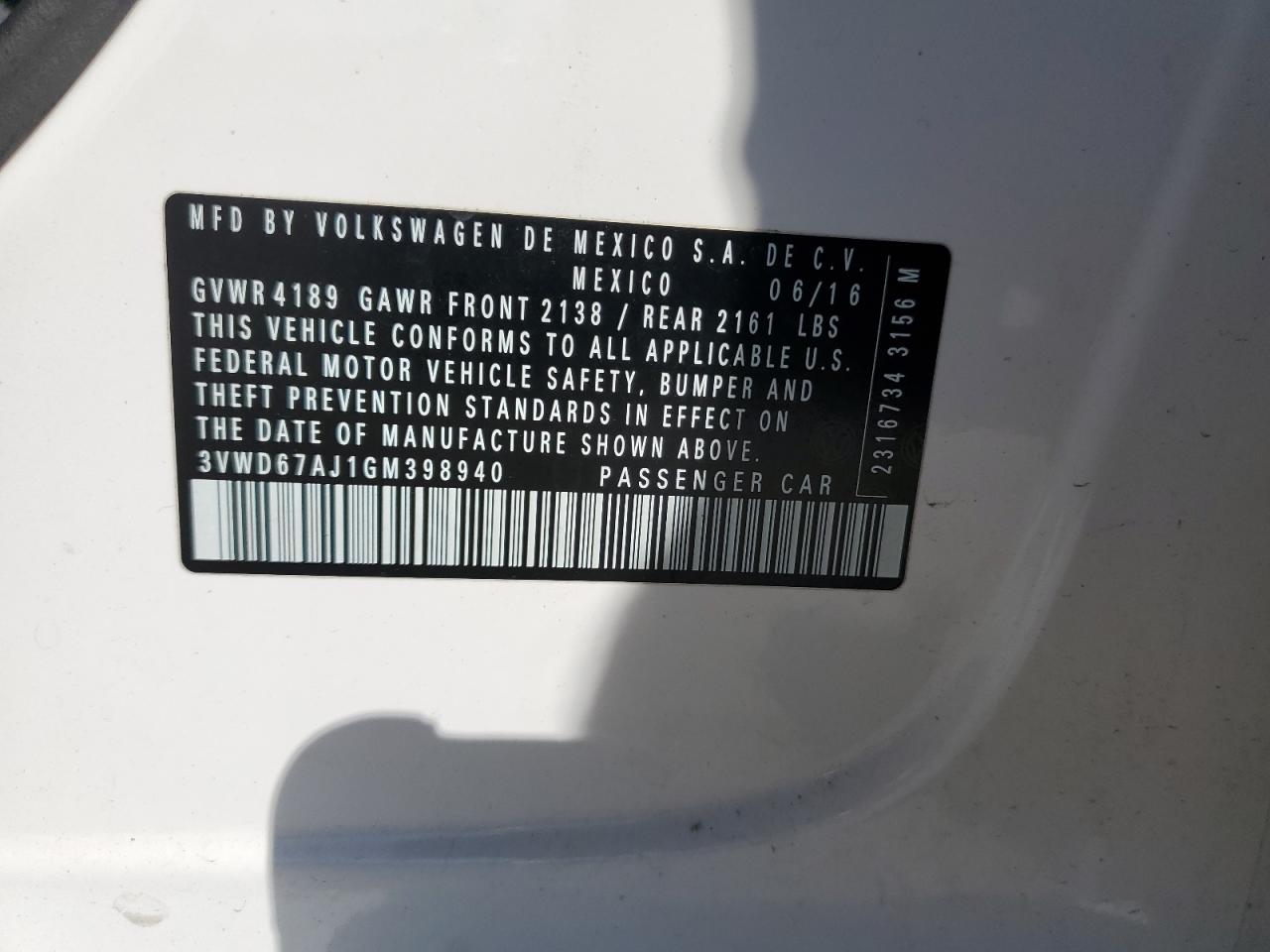 2016 Volkswagen Jetta VIN 3VWD67AJ1GM398940 Copart auction photo, rear end damage thumbnail 13