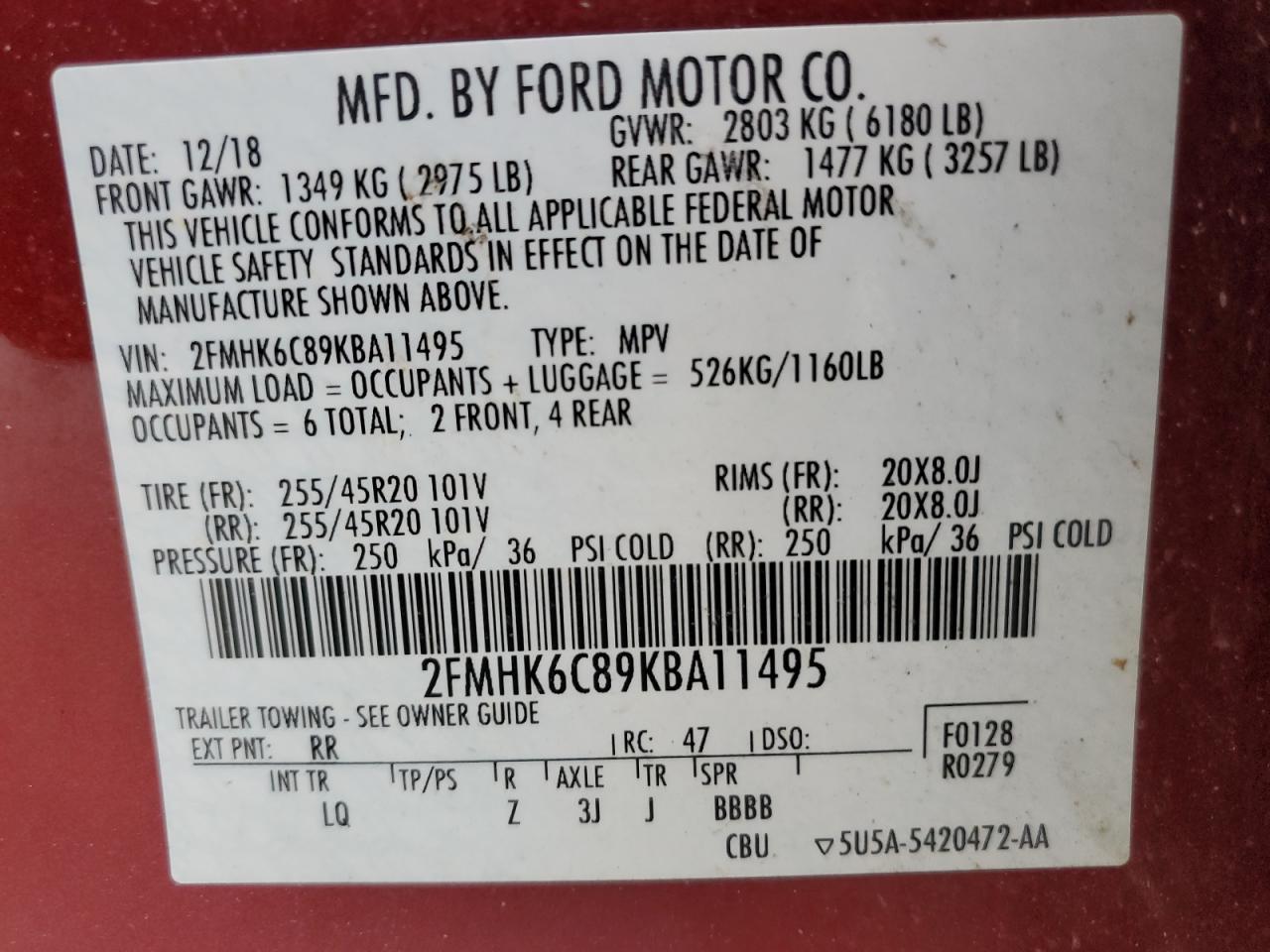 2019 Ford Flex VIN 2FMHK6C89KBA11495 Copart auction photo, front end damage thumbnail 13
