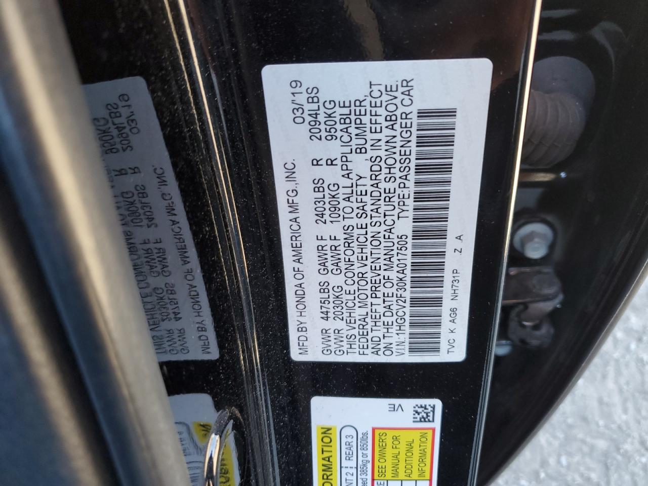 2019 Honda Accord VIN 1HGCV2F30KA017505 Copart auction photo, rear end / minor dent/scratches damage thumbnail 12
