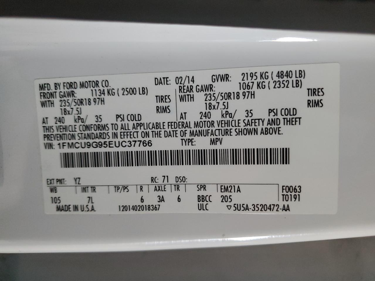 2014 Ford Escape VIN 1FMCU9G95EUC37766 Copart auction photo, front end / mechanical damage thumbnail 12
