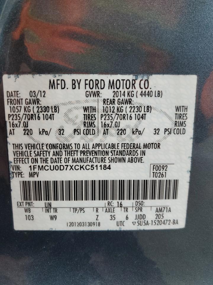 2012 Ford Escape VIN 1FMCU0D7XCKC51184 Copart auction photo, front end damage thumbnail 13