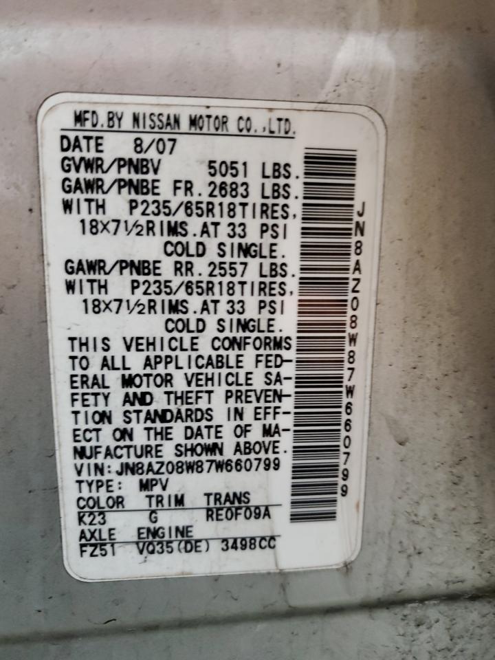 2007 Nissan Murano VIN JN8AZ08W87W660799 Copart auction photo, rear end / minor dent/scratches damage thumbnail 13