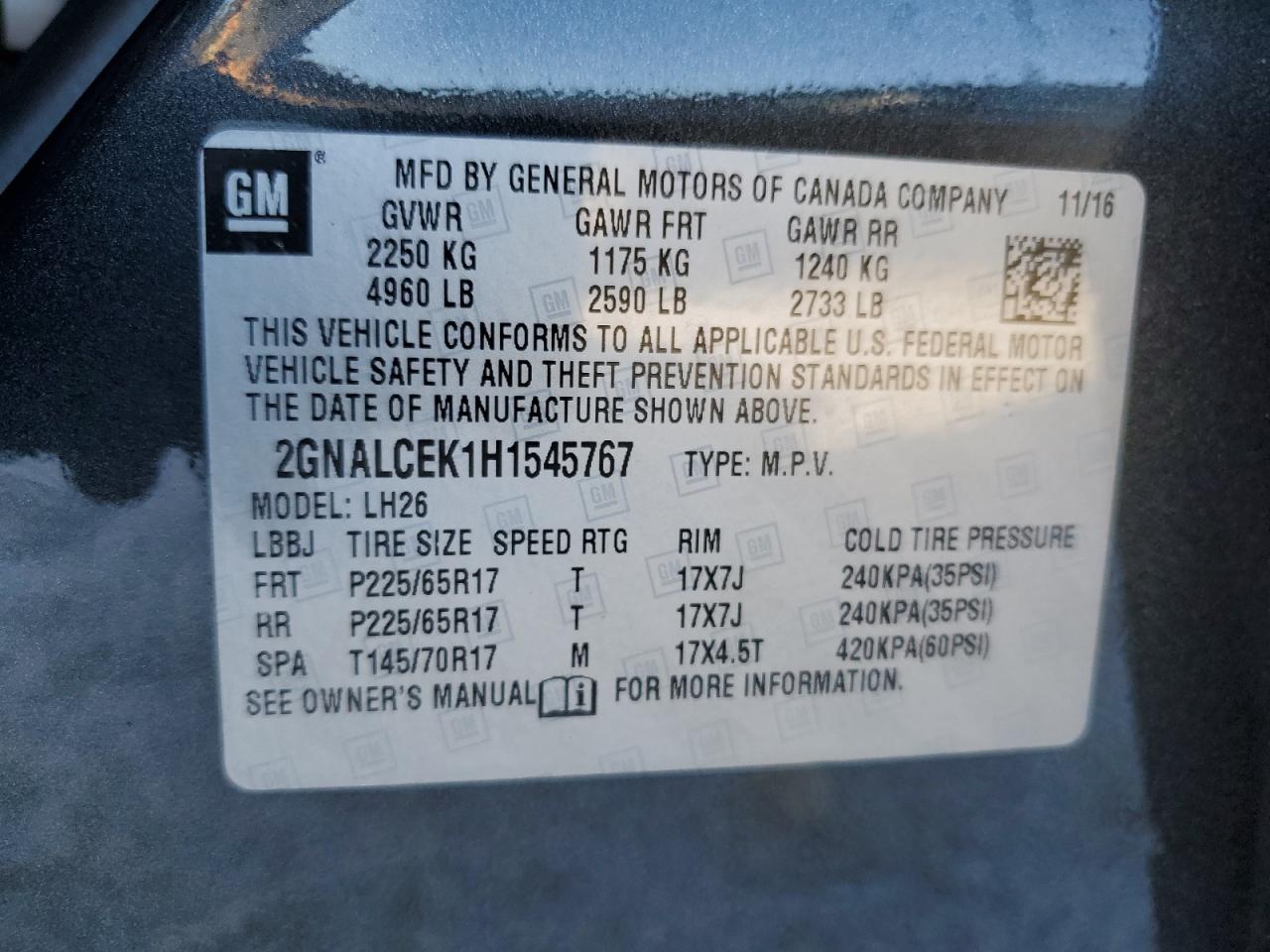 2017 Chevrolet Equinox VIN 2GNALCEK1H1545767 Copart auction photo, mechanical damage thumbnail 13