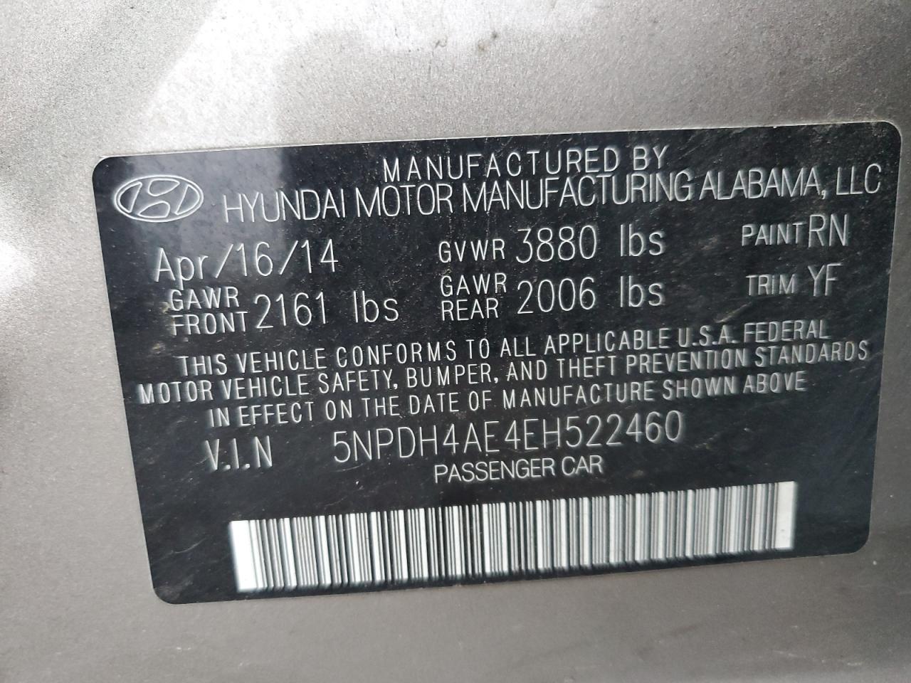 2014 Hyundai Elantra VIN 5NPDH4AE4EH522460 Copart auction photo, front end damage thumbnail 14