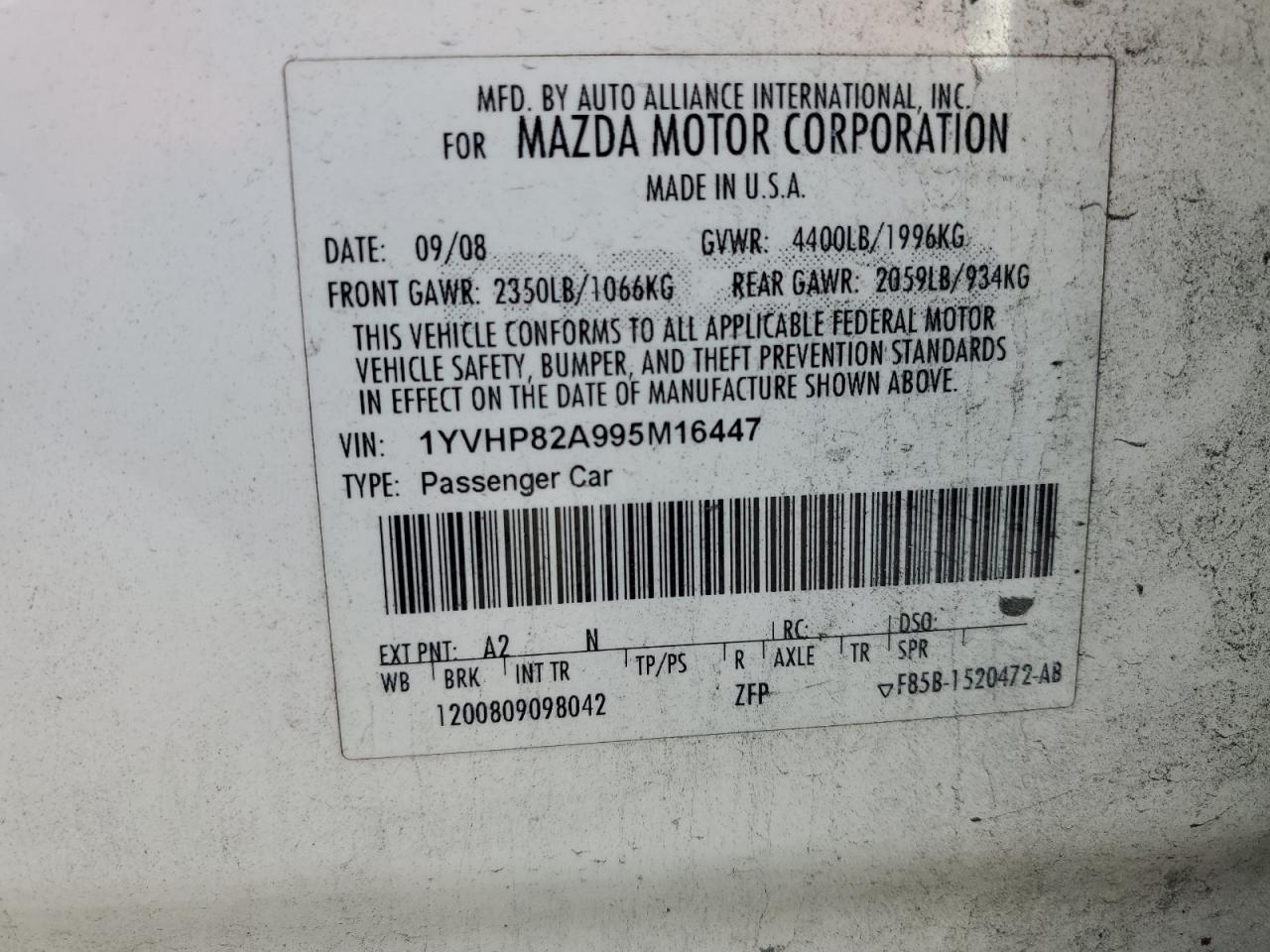 2009 Mazda 6 VIN 1YVHP82A995M16447 Copart auction photo, front end damage thumbnail 12