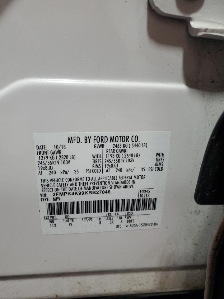 2019 Ford Edge VIN 2FMPK4K99KBB27046 Copart auction photo, front end / side damage thumbnail 14