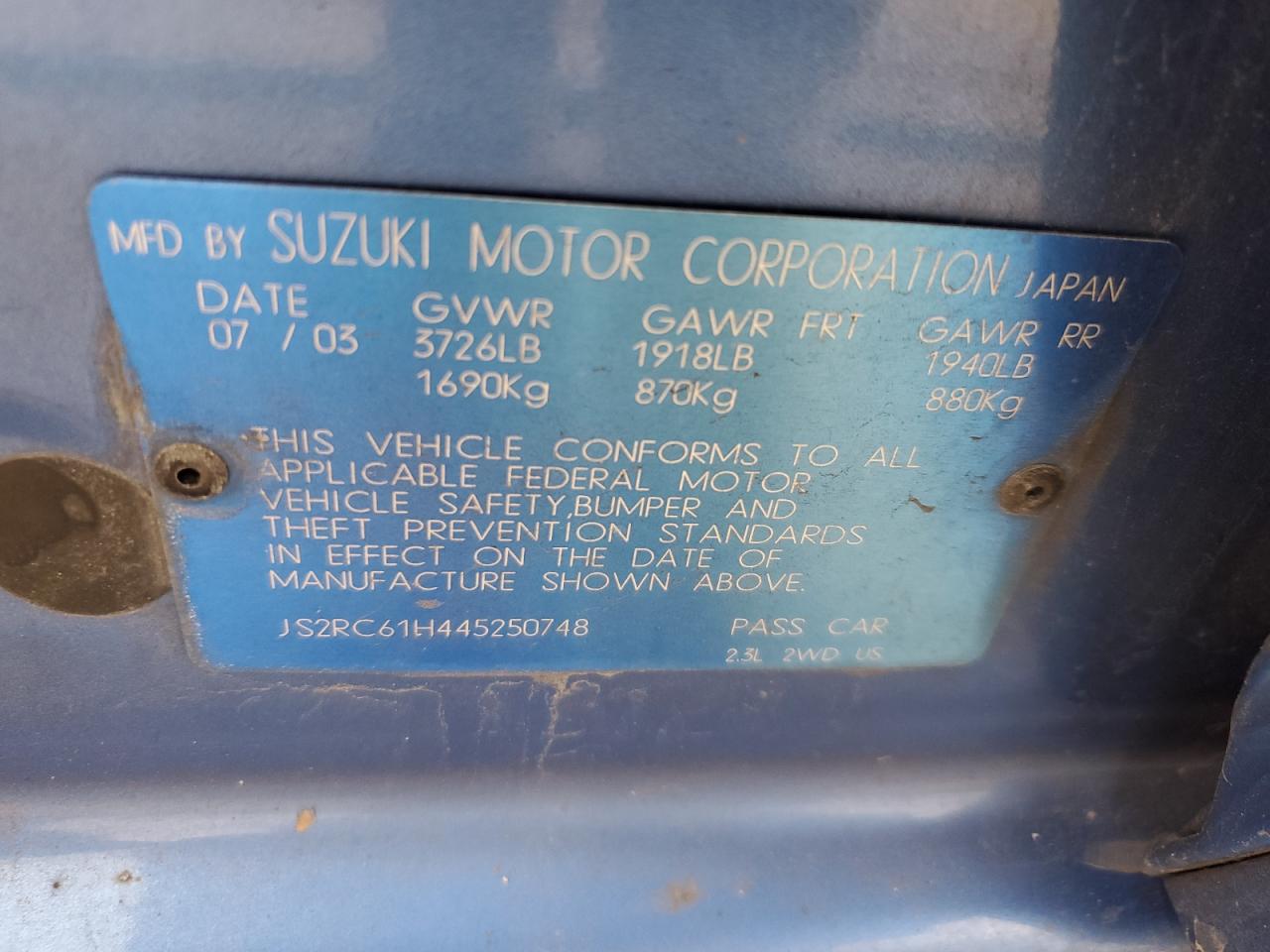 2004 Suzuki Aerio VIN JS2RC61H445250748 Copart auction photo, front end / minor dent/scratches damage thumbnail 12