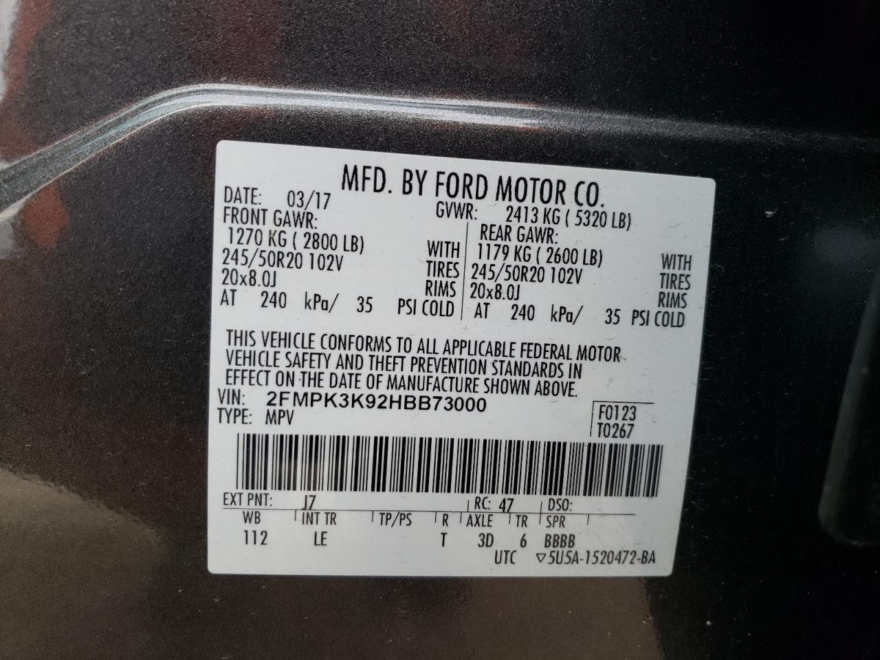 2017 Ford Edge VIN 2FMPK3K92HBB73000 Copart auction photo, front end damage thumbnail 14