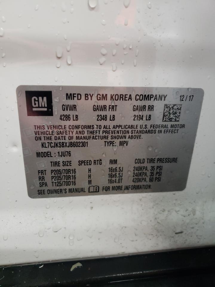 2018 Chevrolet Trax VIN KL7CJKSBXJB602301 Copart auction photo, side / rear end damage thumbnail 12