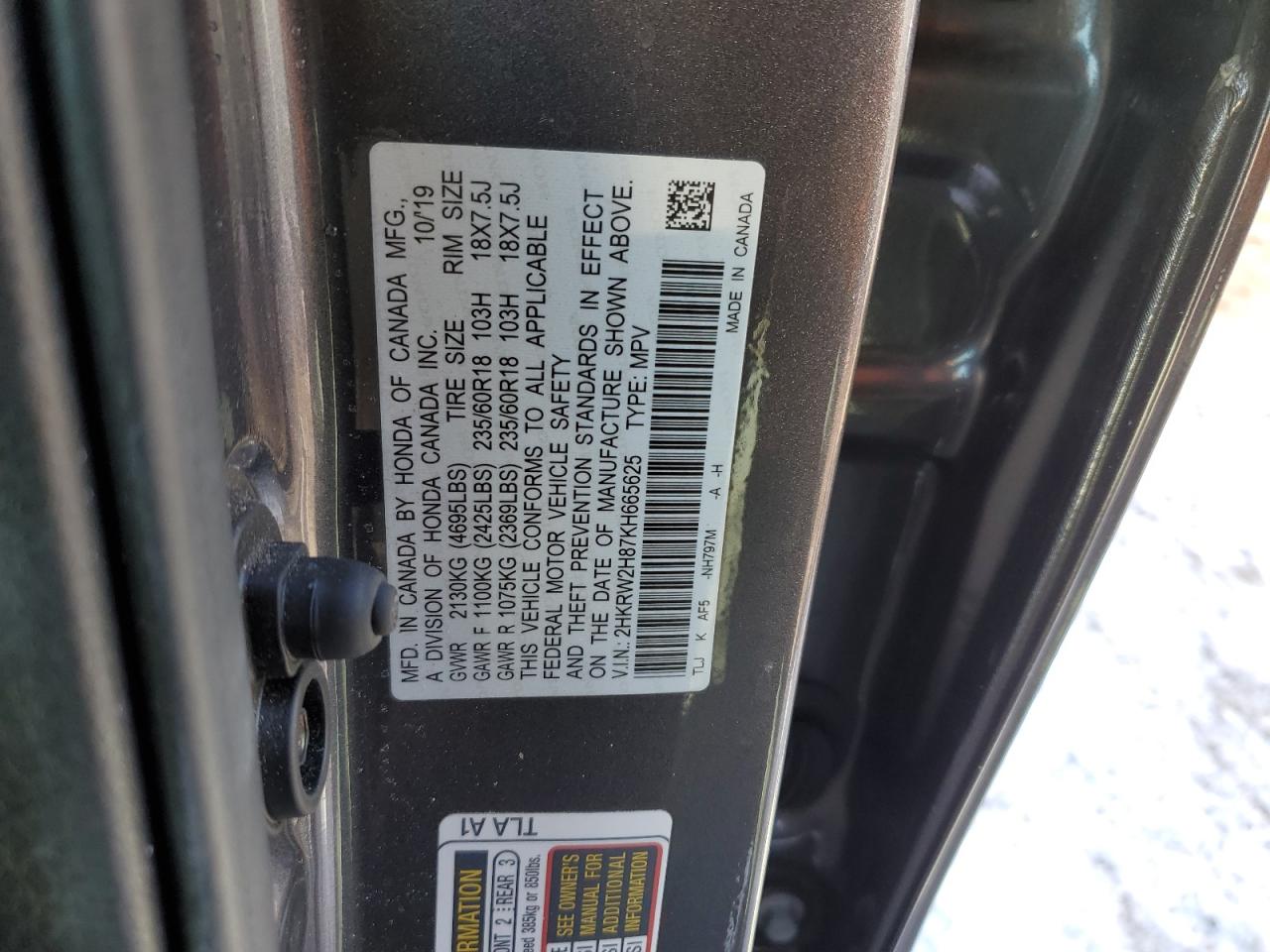 2019 Honda CR-V VIN 2HKRW2H87KH665625 Copart auction photo, front end / side damage thumbnail 13