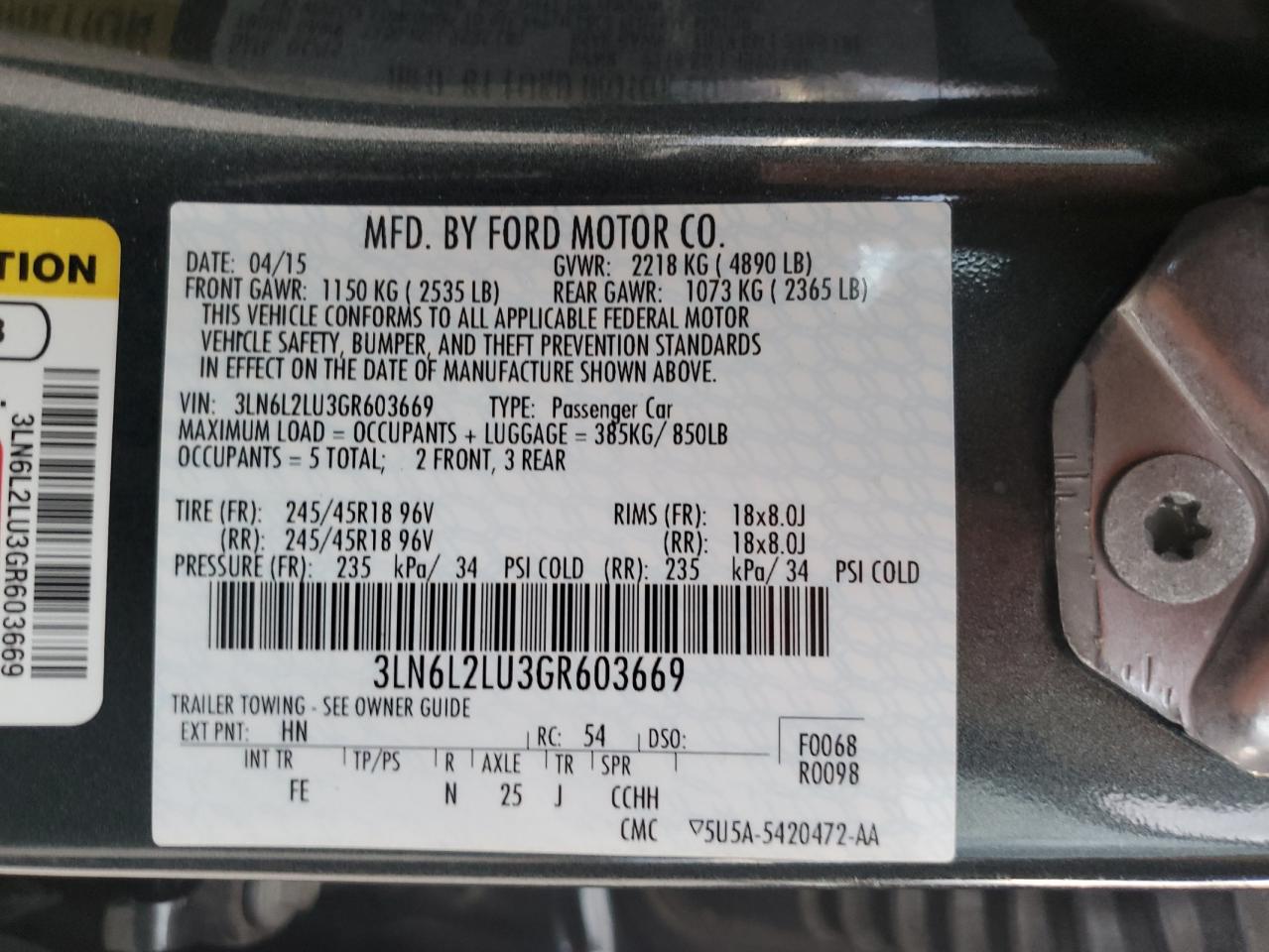 2016 Lincoln MKZ VIN 3LN6L2LU3GR603669 Copart auction photo, front end damage thumbnail 13