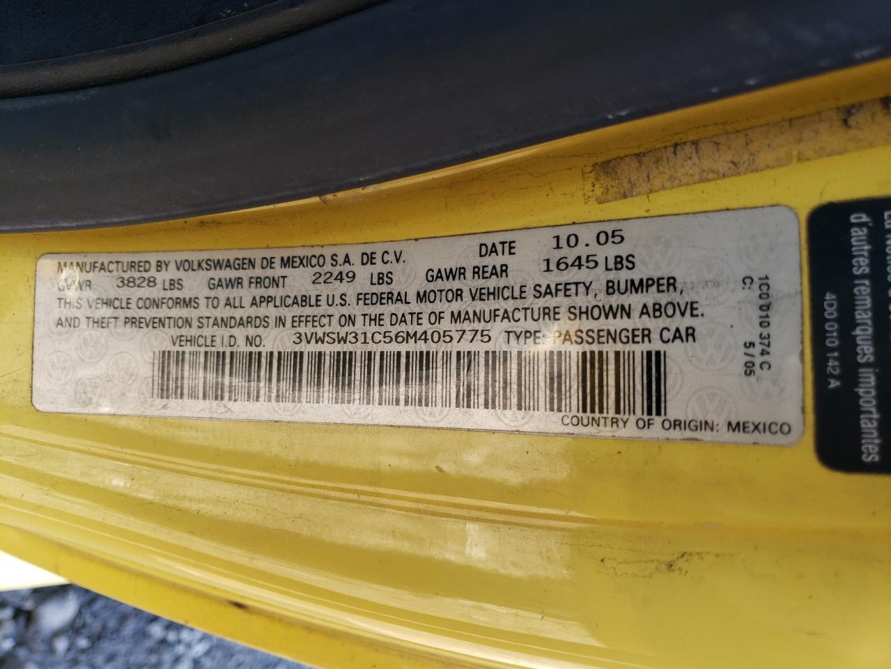 2006 Volkswagen Beetle VIN 3VWSW31C56M405775 Copart auction photo, front end damage thumbnail 14