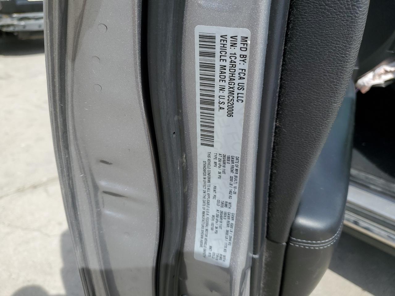 2021 Dodge Durango VIN 1C4RDHAGXMC520006 Copart auction photo, front end / hail damage thumbnail 14