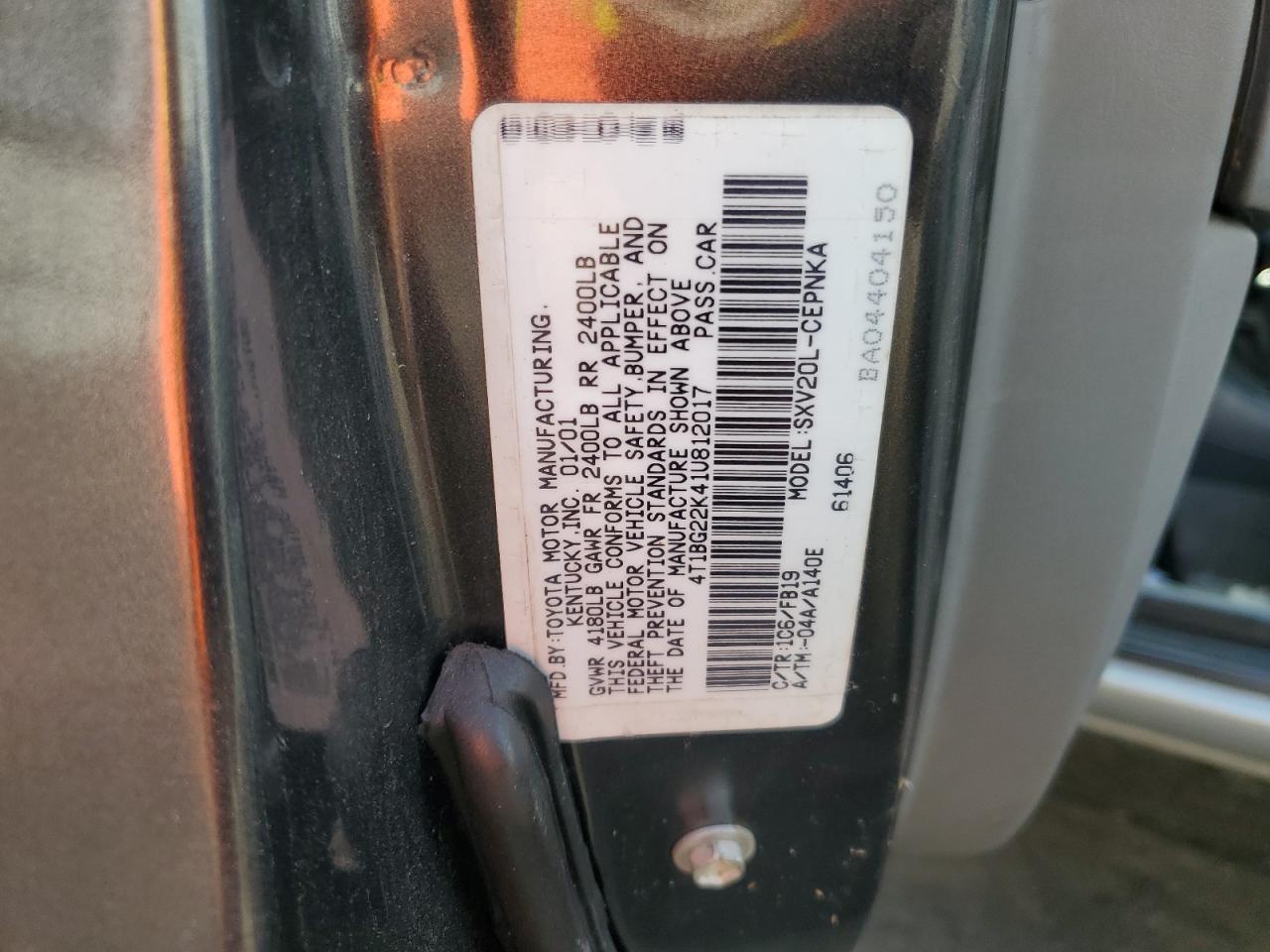 2001 Toyota Camry VIN 4T1BG22K41U812017 Copart auction photo, side damage thumbnail 12