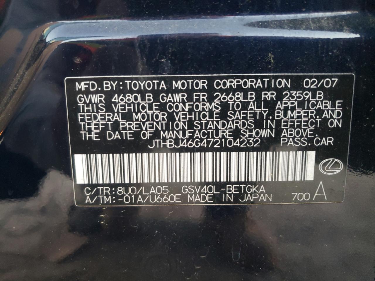 2007 Lexus ES VIN JTHBJ46G472104232 Copart auction photo, front end damage thumbnail 12