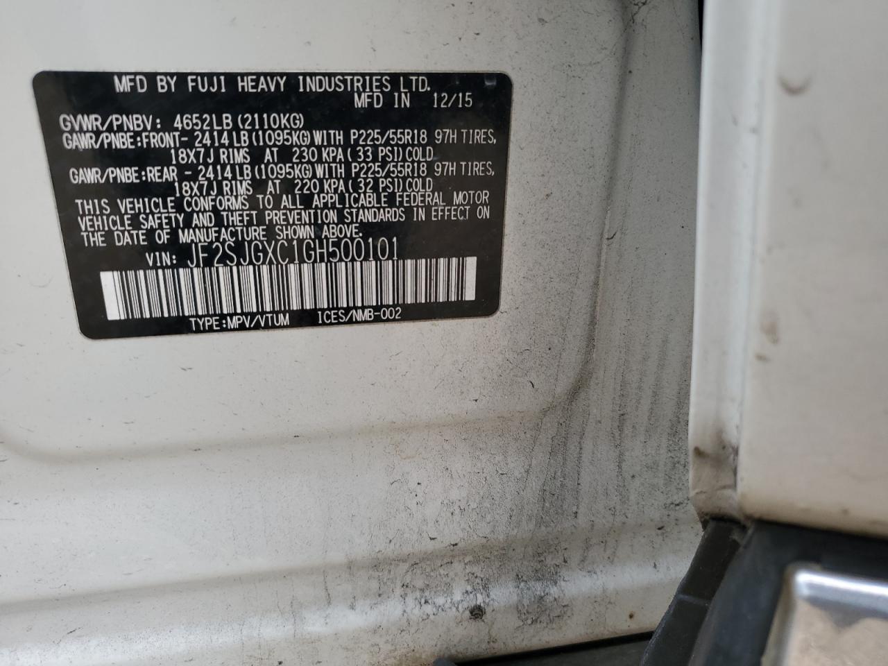 2016 Subaru Forester VIN JF2SJGXC1GH500101 Copart auction photo, front end / rear end damage thumbnail 15