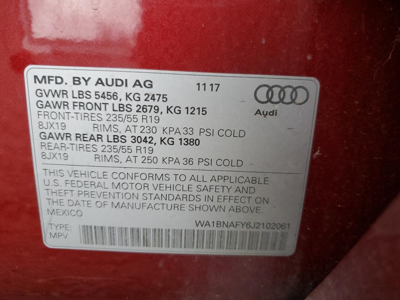 2018 Audi Q5 VIN WA1BNAFY6J2102061 Copart auction photo, rear end / front end damage thumbnail 15