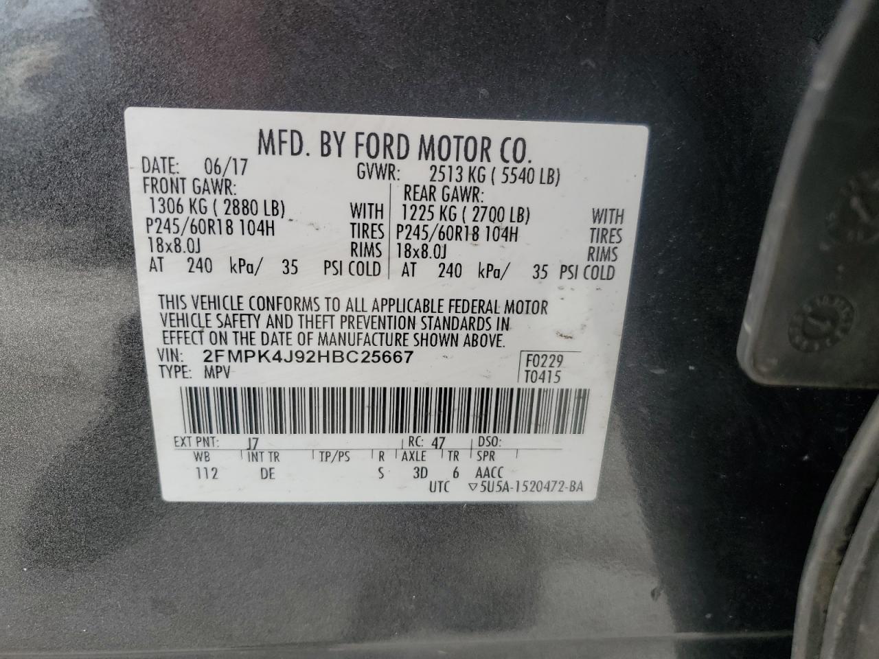 2017 Ford Edge VIN 2FMPK4J92HBC25667 Copart auction photo, front end / side damage thumbnail 13