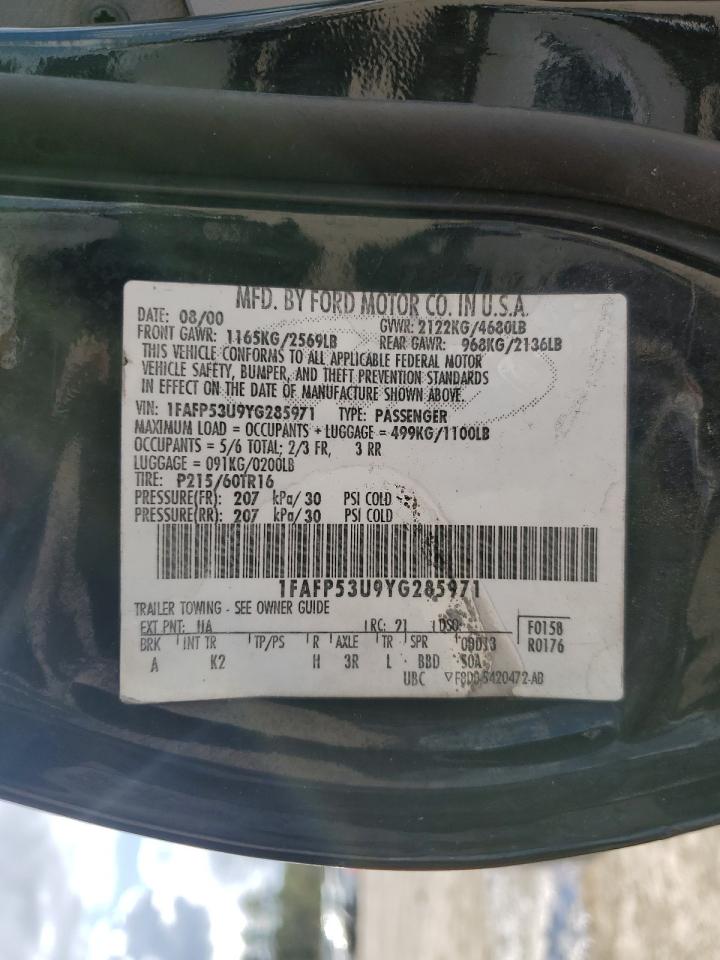 2000 Ford Taurus VIN 1FAFP53U9YG285971 Copart auction photo, all over damage thumbnail 12