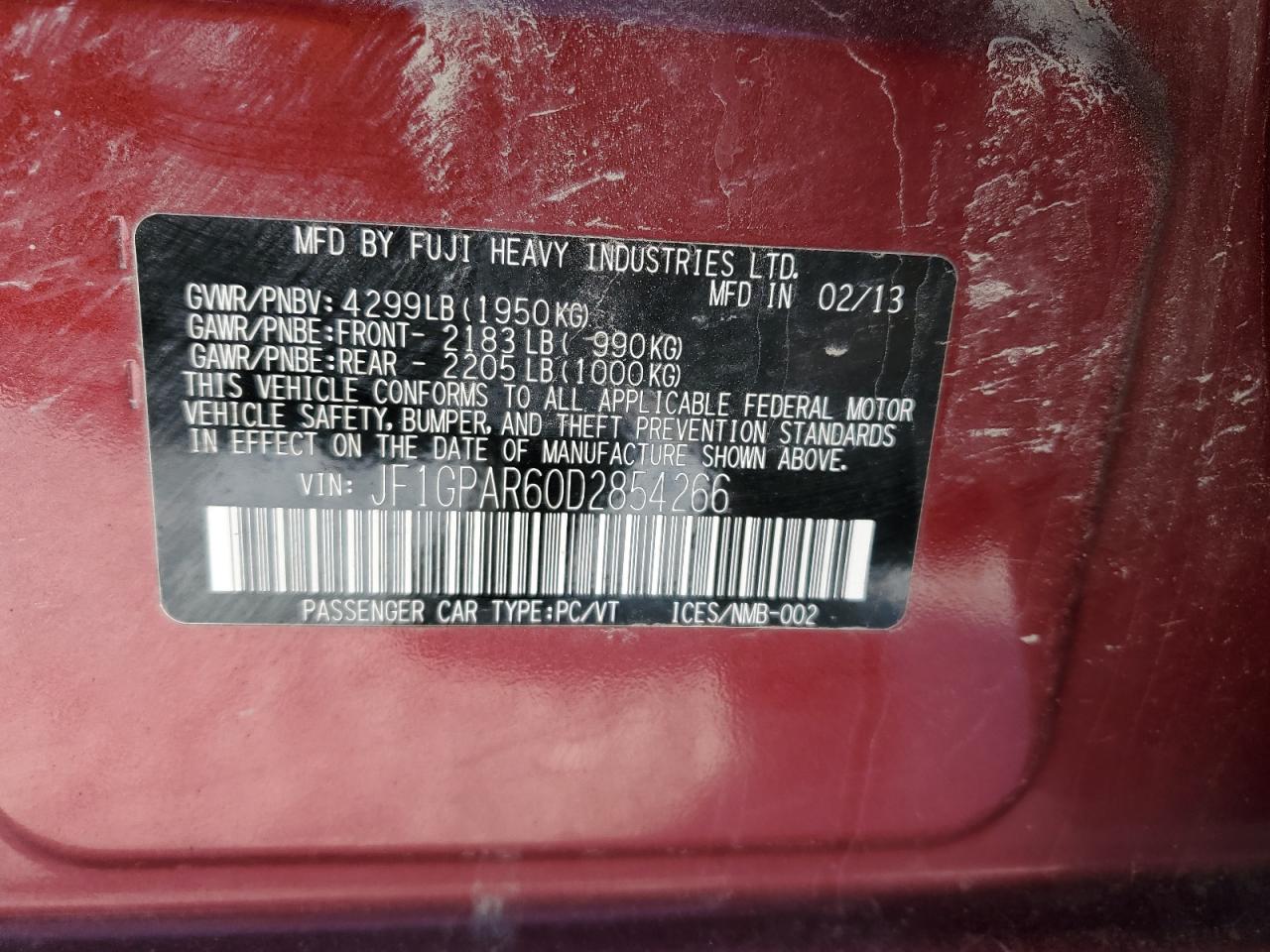 2013 Subaru Impreza VIN JF1GPAR60D2854266 Copart auction photo, rear end / minor dent/scratches damage thumbnail 12