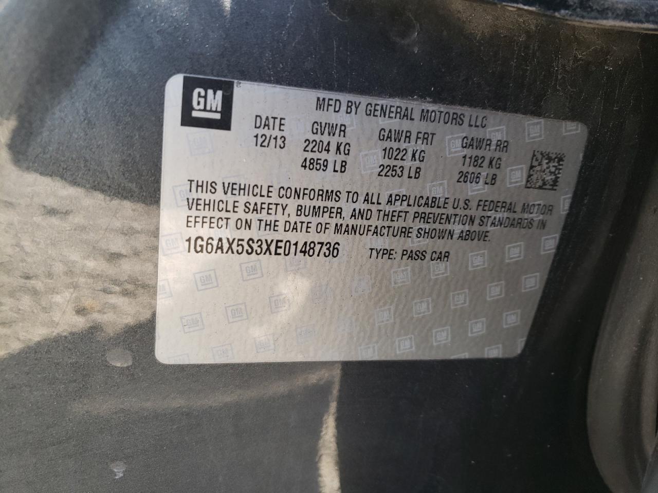2014 Cadillac CTS VIN 1G6AX5S3XE0148736 Copart auction photo, front end damage thumbnail 15