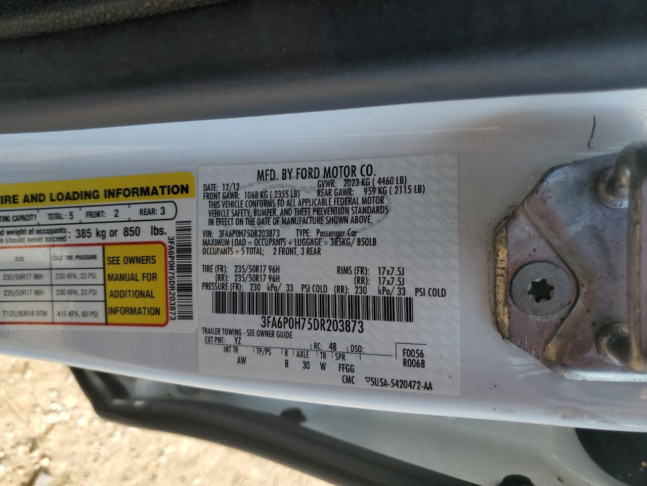 2013 Ford Fusion VIN 3FA6P0H75DR203873 Copart auction photo, front end damage thumbnail 14