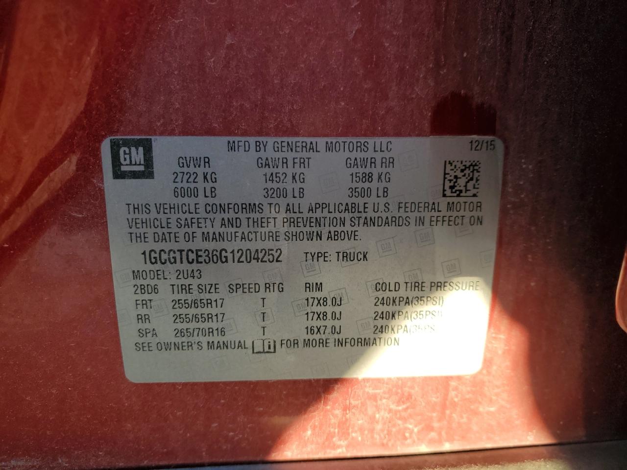 2016 Chevrolet Colorado VIN 1GCGTCE36G1204252 Copart auction photo, rear end damage thumbnail 12