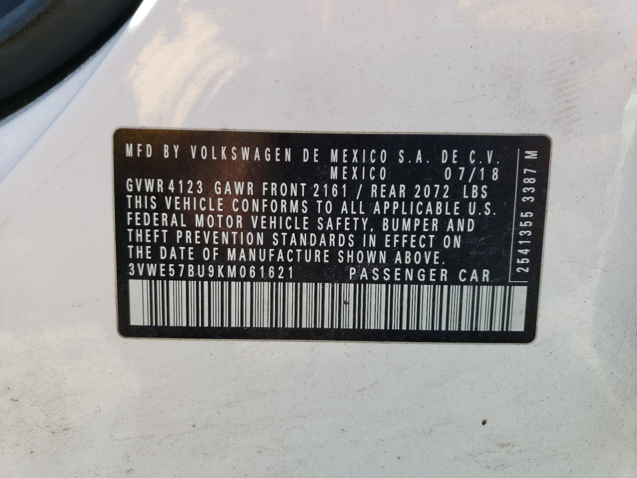 2019 Volkswagen Jetta VIN 3VWE57BU9KM061621 Copart auction photo, side / minor dent/scratches damage thumbnail 12