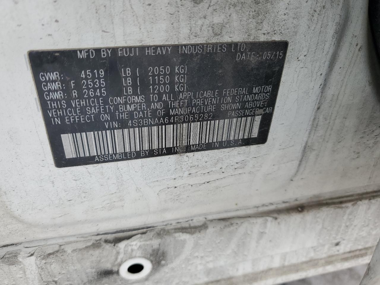 2015 Subaru Legacy VIN 4S3BNAA64F3065282 Copart auction photo, front end damage thumbnail 13