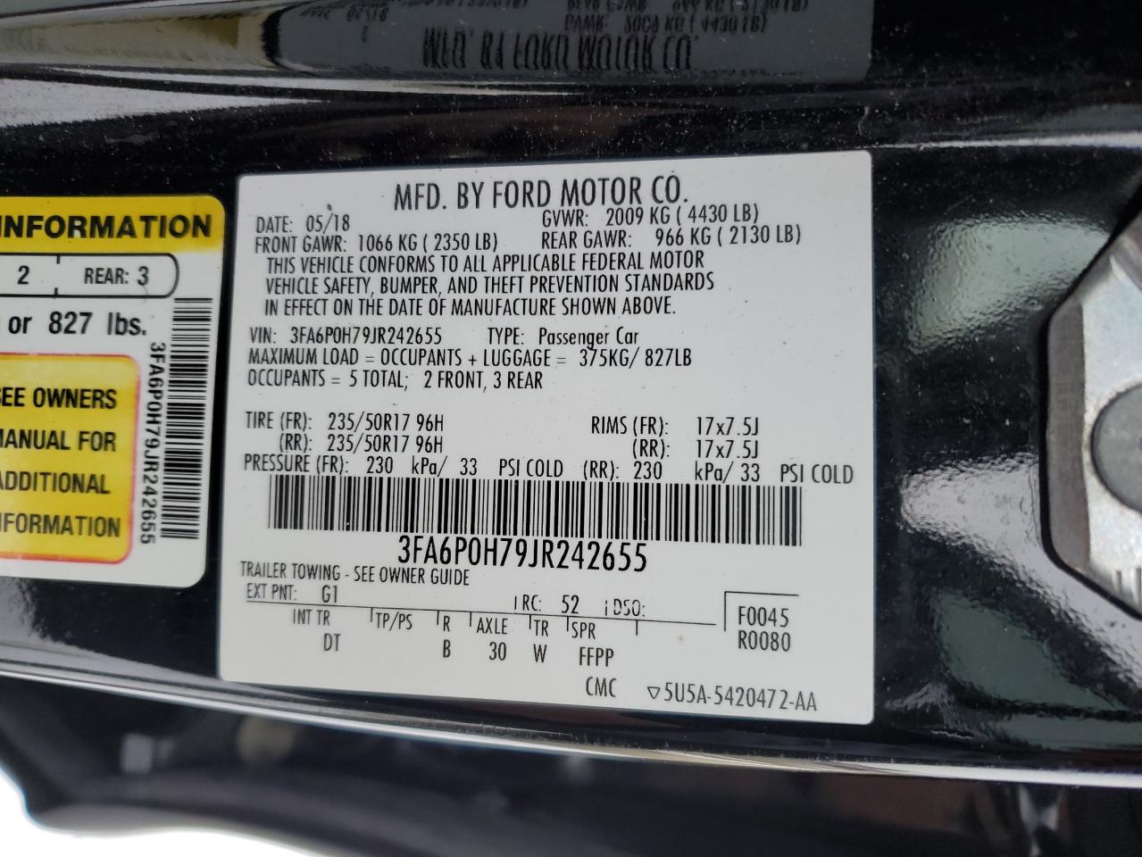 2018 Ford Fusion VIN 3FA6P0H79JR242655 Copart auction photo, front end / side damage thumbnail 12