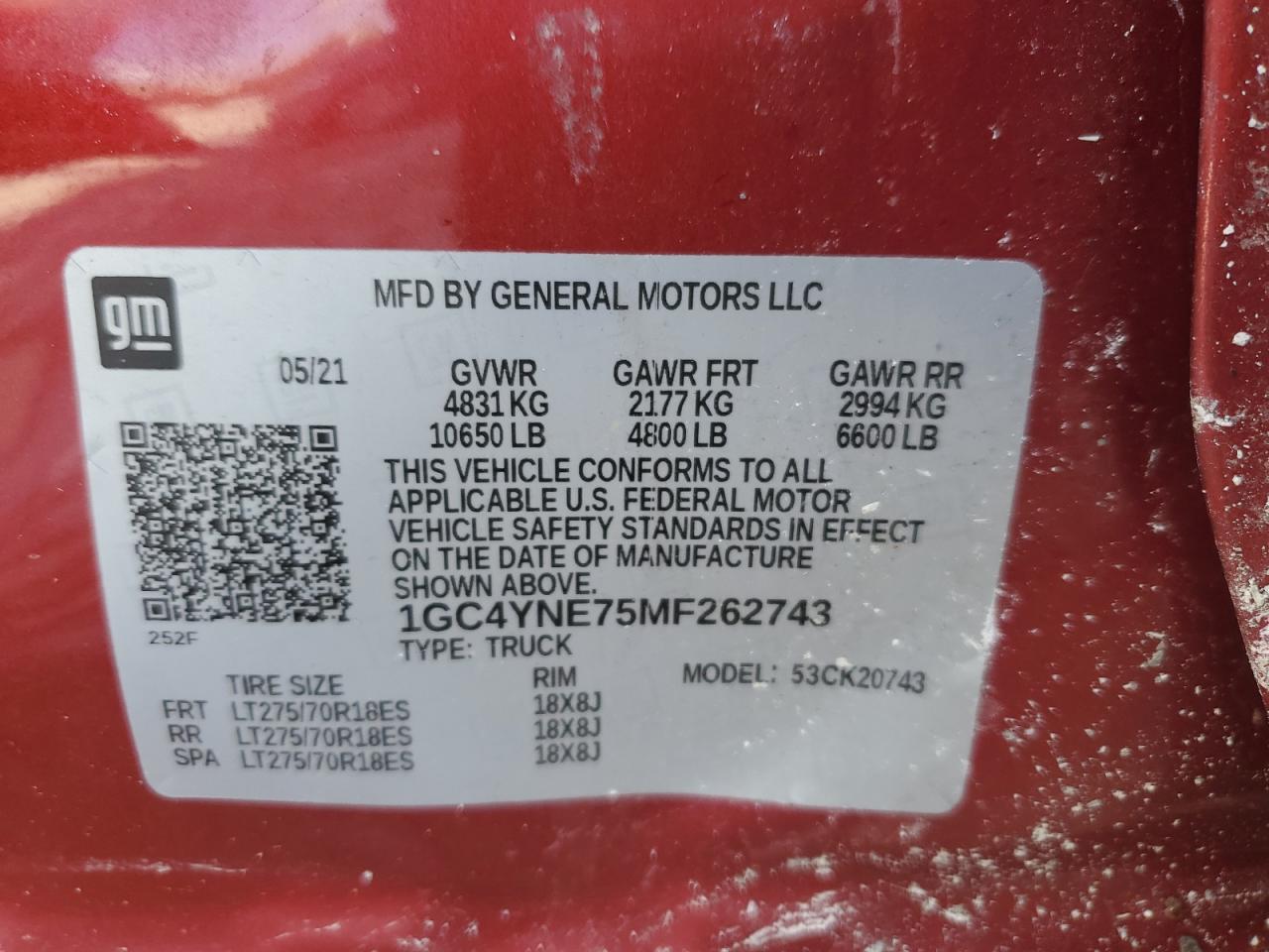 2021 Chevrolet Silverado VIN 1GC4YNE75MF262743 Copart auction photo, all over damage thumbnail 15