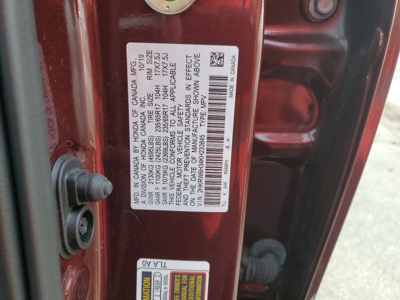 2019 Honda CR-V VIN 2HKRW6H34KH233845 Copart auction photo, all over damage thumbnail 15
