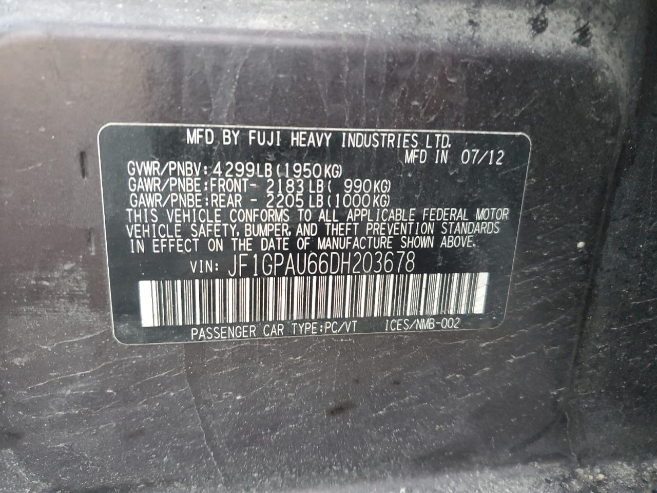 2013 Subaru Impreza VIN JF1GPAU66DH203678 Copart auction photo, front end damage thumbnail 12