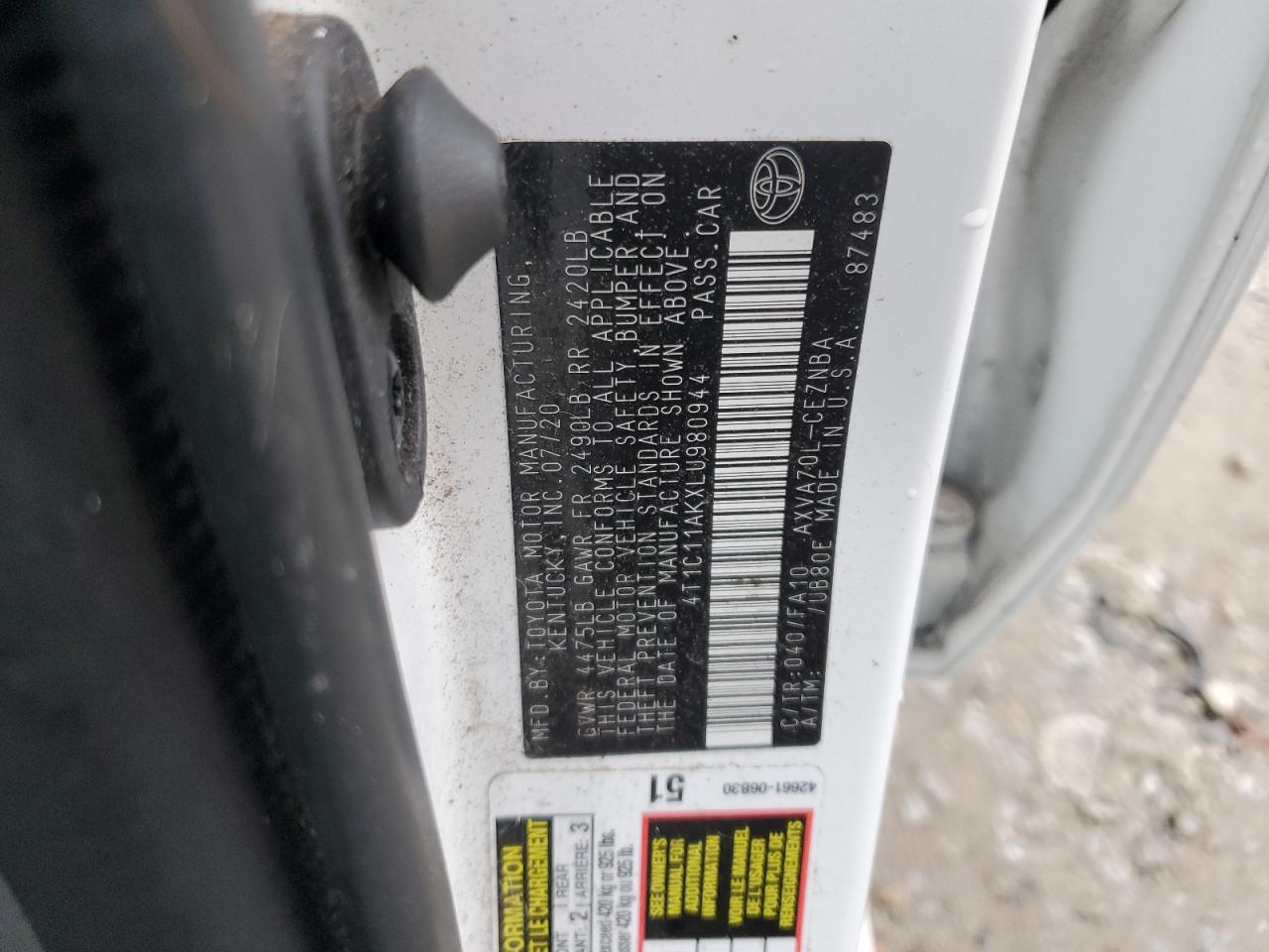 2020 Toyota Camry VIN 4T1C11AKXLU980944 Copart auction photo, side / front end damage thumbnail 12
