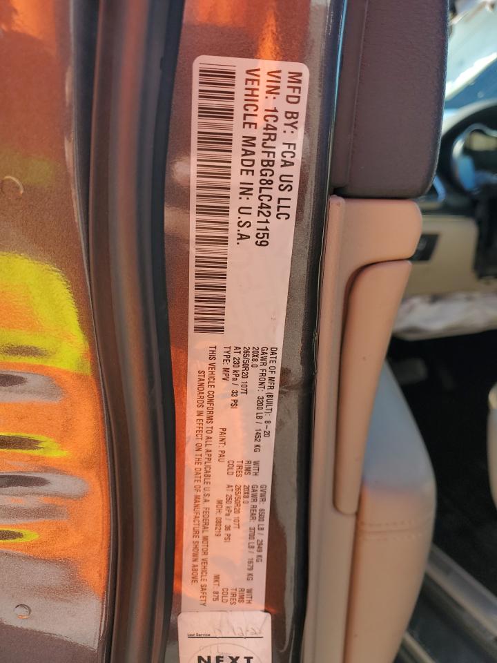 2020 Jeep Grand Cherokee VIN 1C4RJFBG8LC421159 Copart auction photo, front end damage thumbnail 13