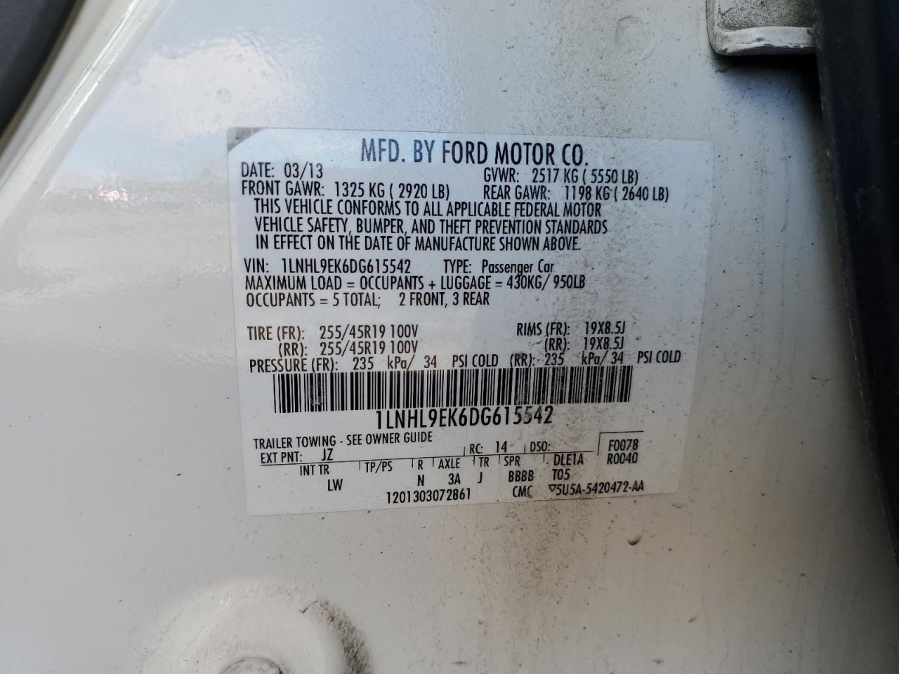 2013 Lincoln MKS VIN 1LNHL9EK6DG615542 Copart auction photo, rear end / front end damage thumbnail 14