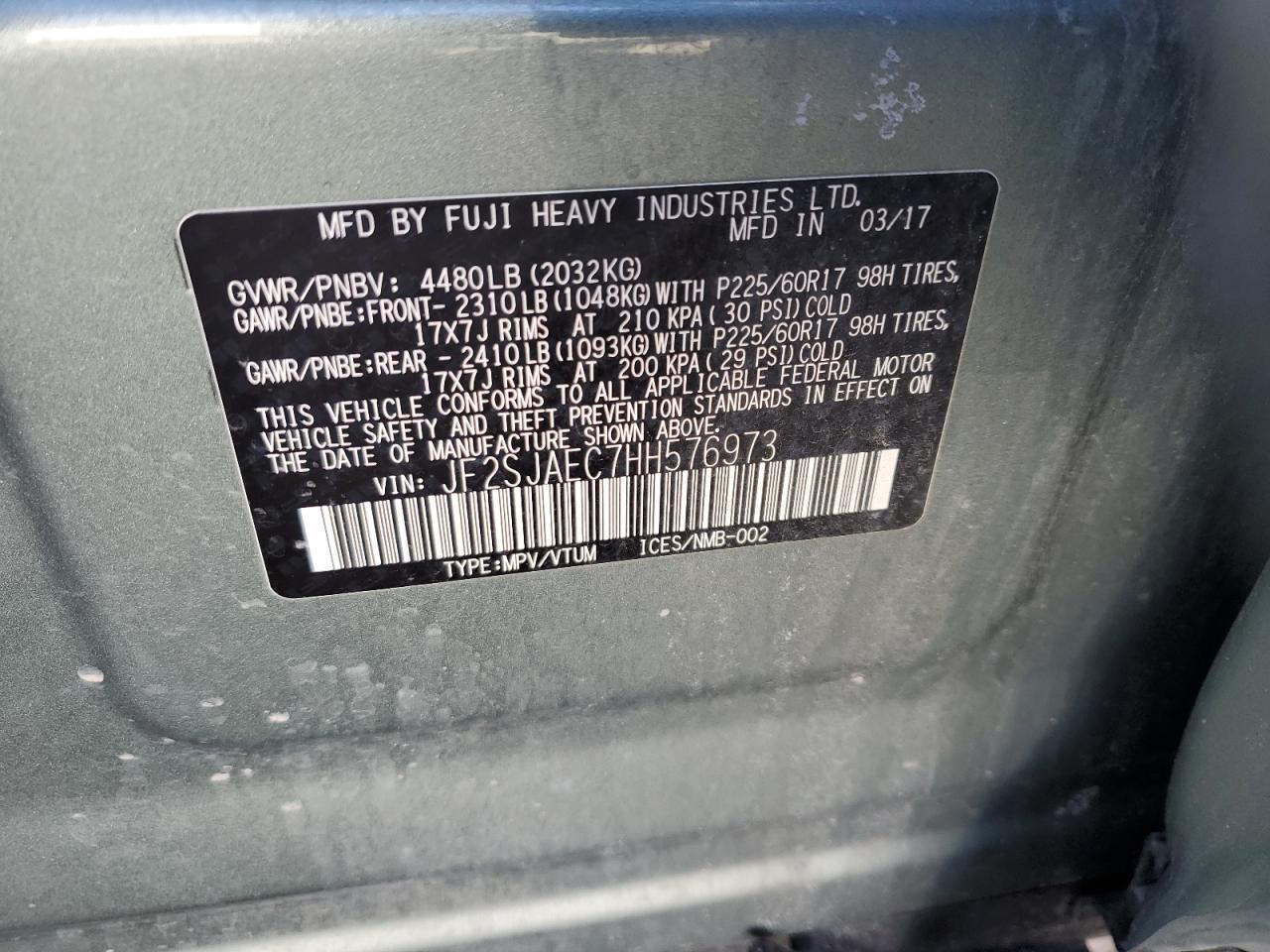 2017 Subaru Forester VIN JF2SJAEC7HH576973 Copart auction photo, rear end damage thumbnail 13
