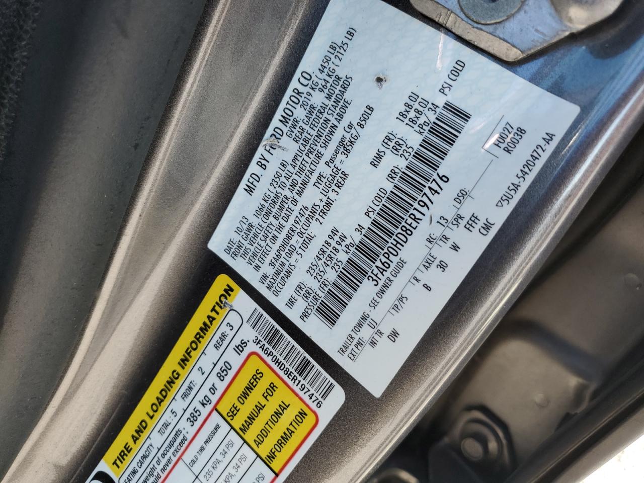 2014 Ford Fusion VIN 3FA6P0HD8ER197476 Copart auction photo, front end / side damage thumbnail 12