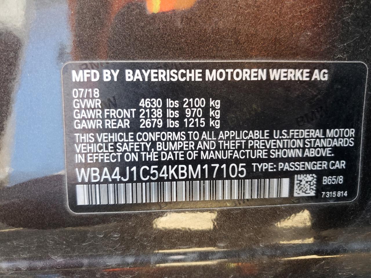 2019 BMW 4er VIN WBA4J1C54KBM17105 Copart auction photo, front end / side damage thumbnail 13