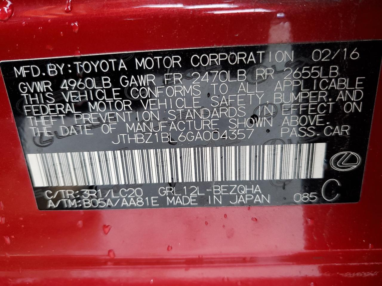2016 Lexus GS VIN JTHBZ1BL6GA004357 Copart auction photo, front end / rear end damage thumbnail 15