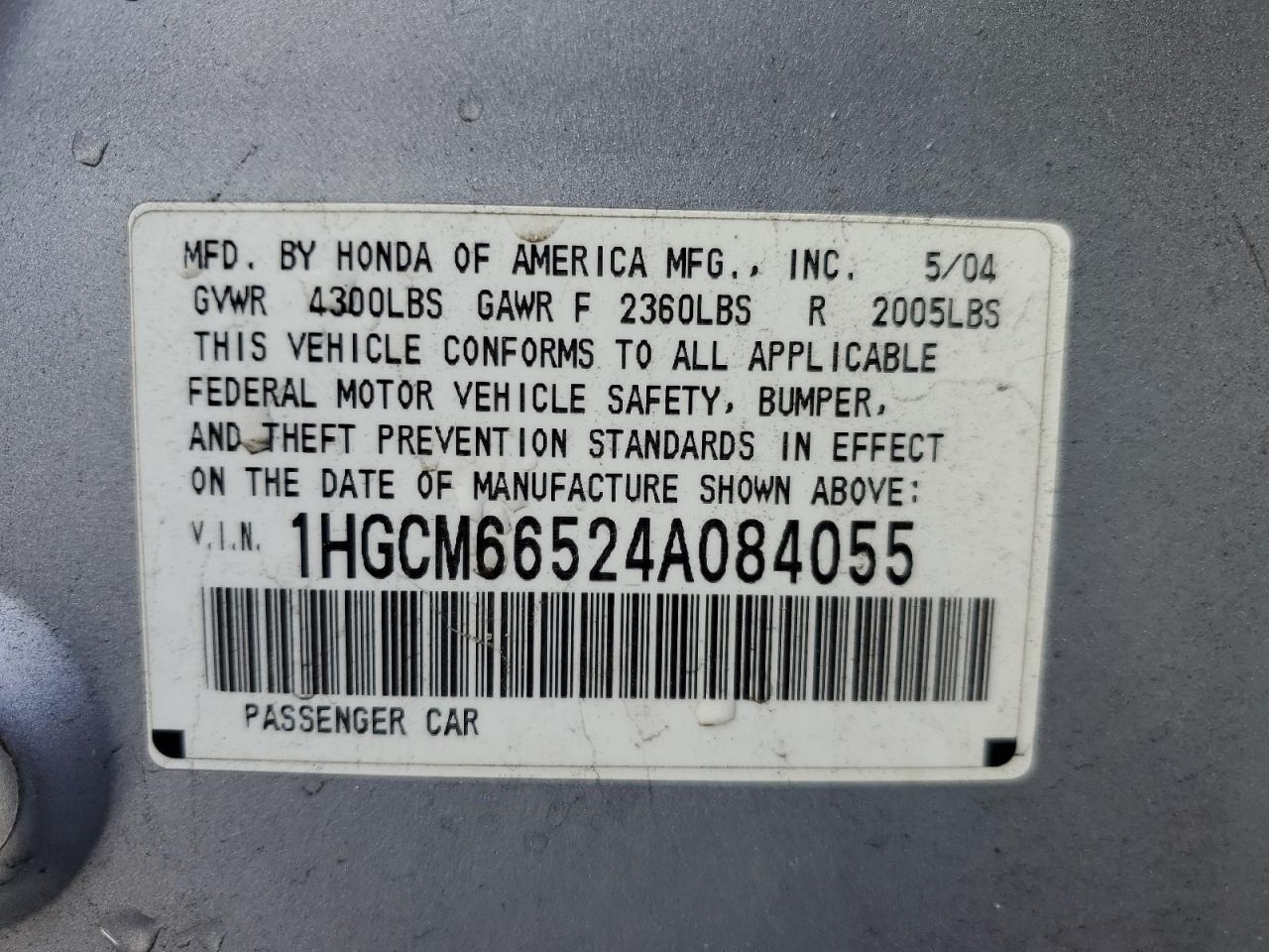 2004 Honda Accord VIN 1HGCM66524A084055 Copart auction photo, front end / minor dent/scratches damage thumbnail 12